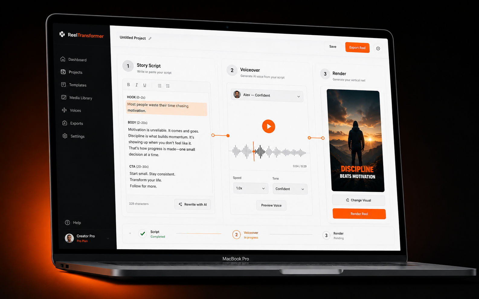 ReelTransformer product UI — script to voiceover to render workflow